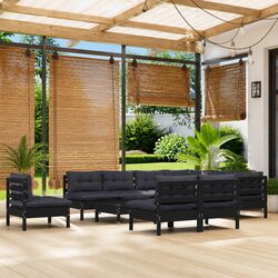 11-Piece Black Pinewood Garden Lounge Set with Cushions