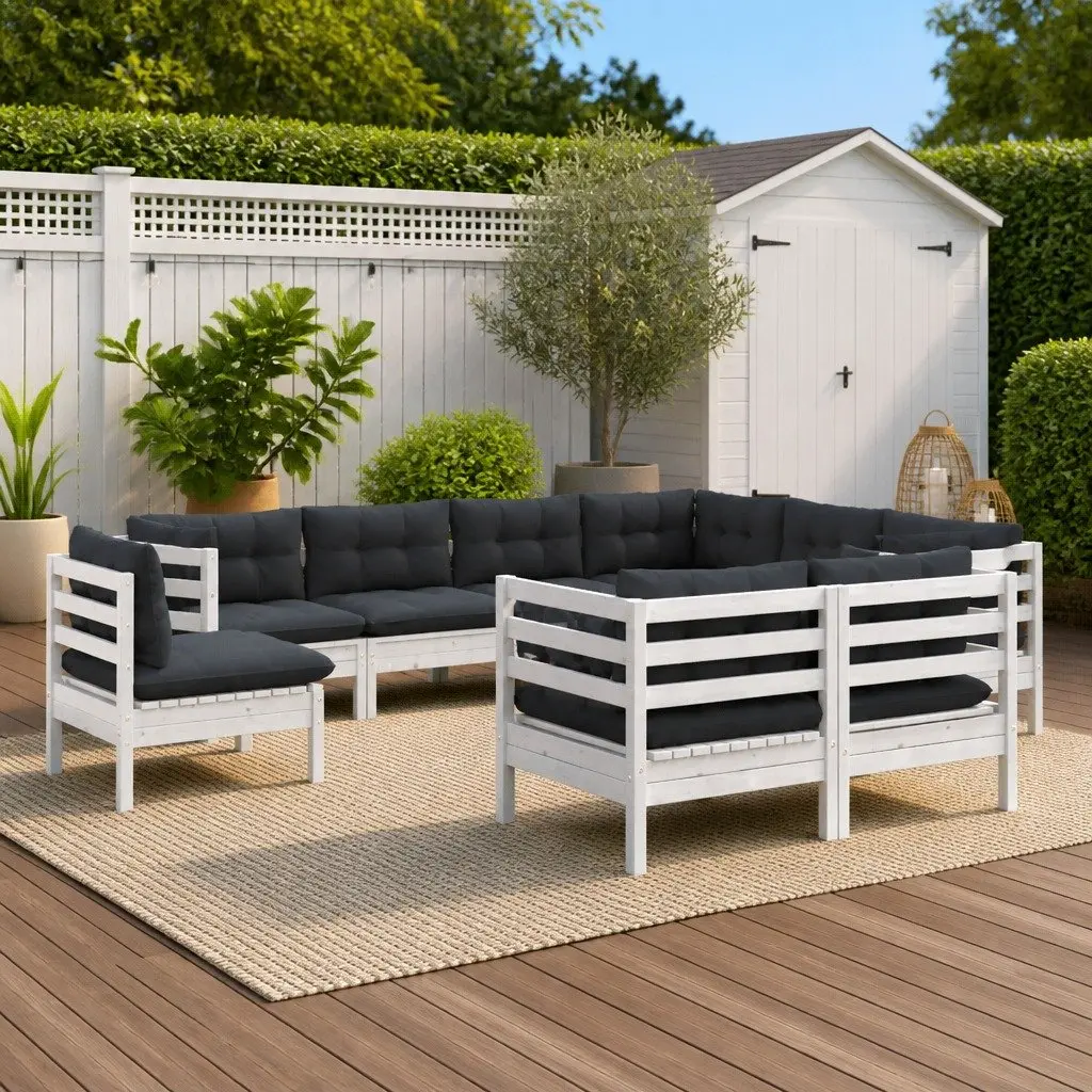 Garden Lounge Set Solid Pinewood 9 Piece White Outdoor Patio Furniture with Cushions Modular