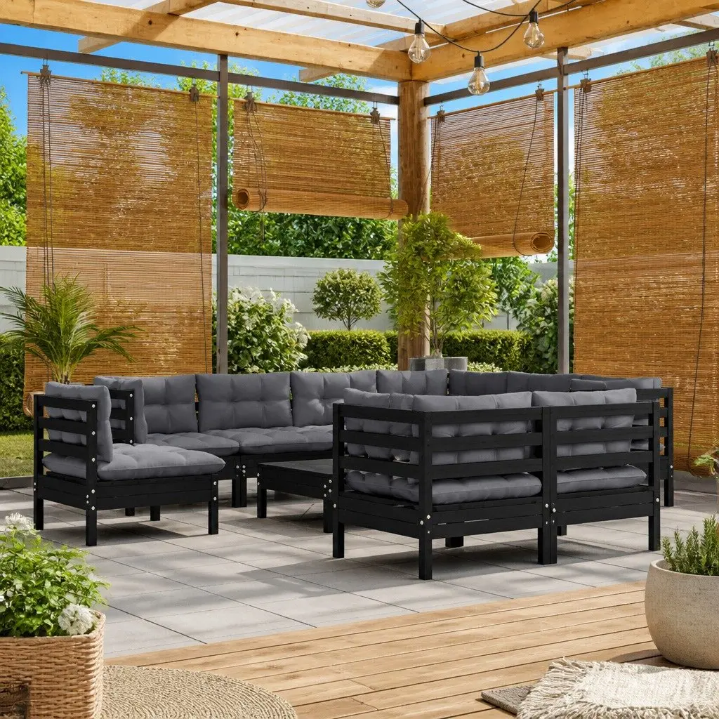 Garden Lounge Set Solid Pinewood 10 Piece Outdoor Patio Furniture Black with Cushions Modular