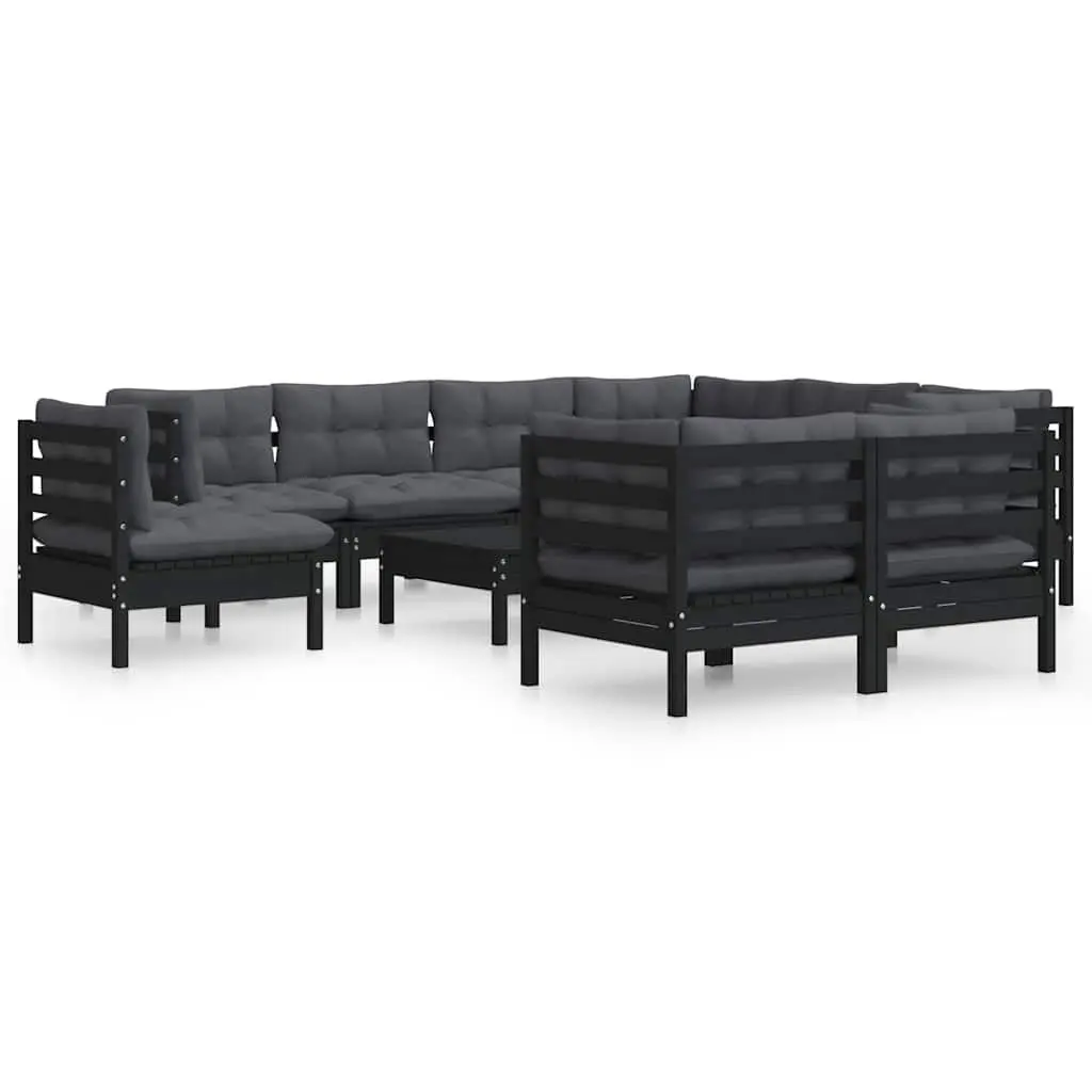 Garden Lounge Set Solid Pinewood 10 Piece Outdoor Patio Furniture Black with Cushions Modular