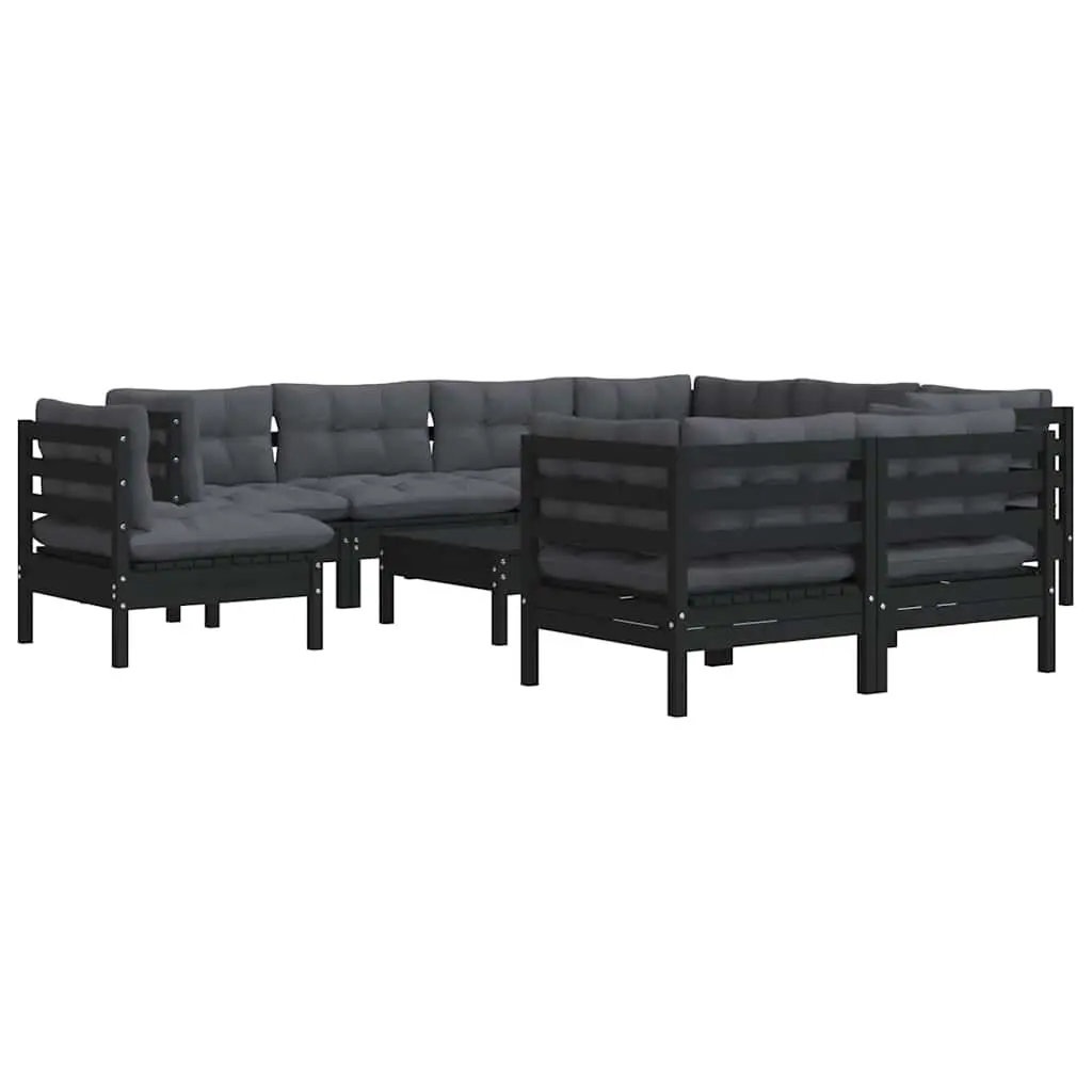 Garden Lounge Set Solid Pinewood 10 Piece Outdoor Patio Furniture Black with Cushions Modular