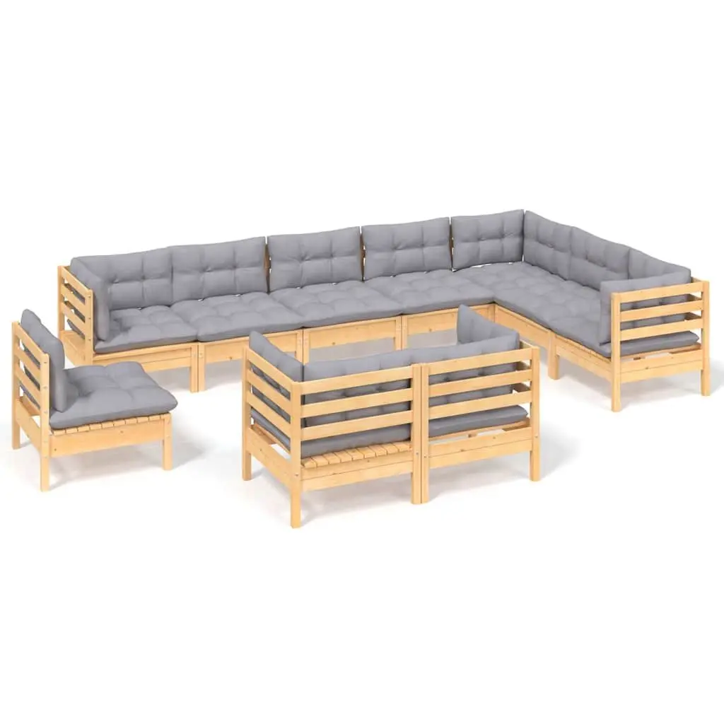 Garden Lounge Set Solid Pinewood 10 Piece Outdoor Patio Furniture Grey Cushions Modular