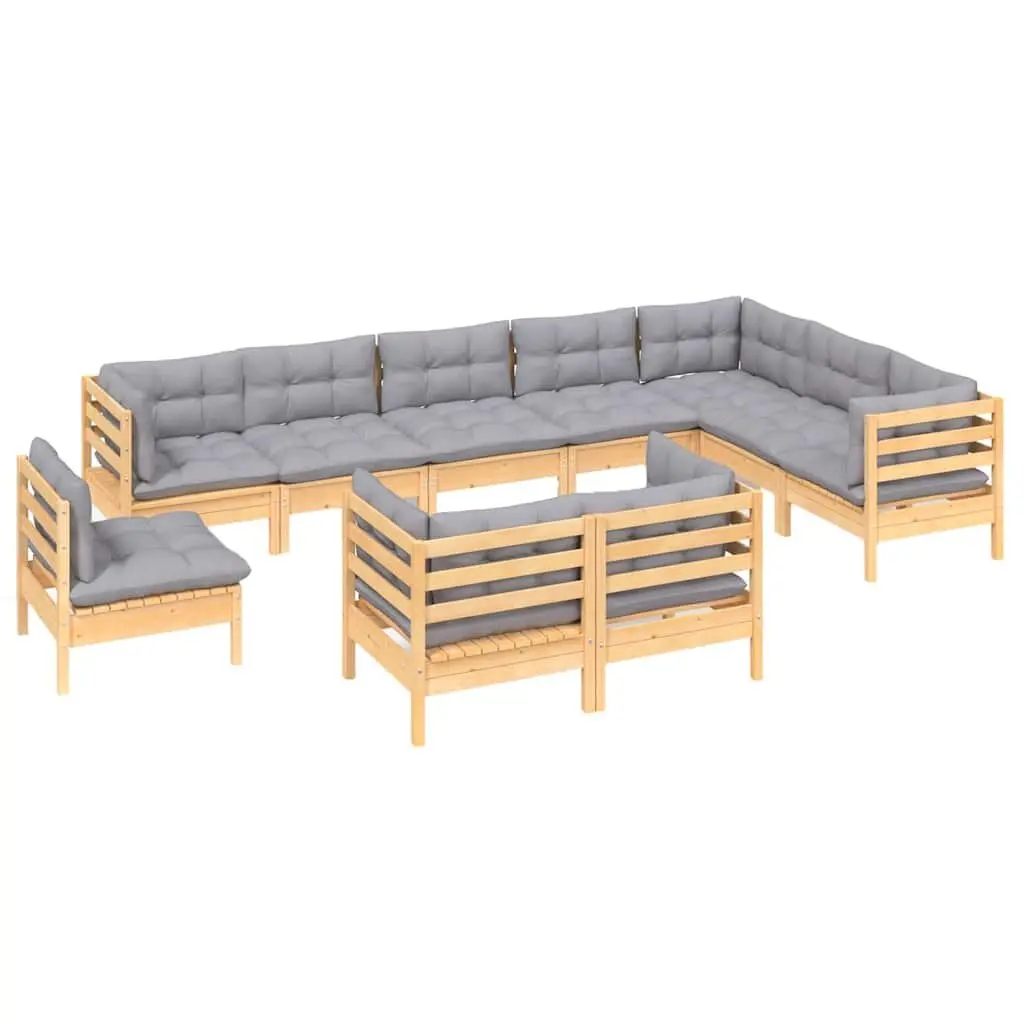Garden Lounge Set Solid Pinewood 10 Piece Outdoor Patio Furniture Grey Cushions Modular