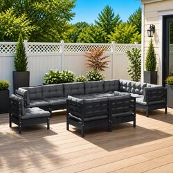 10-Piece Black Garden Lounge Set with Cushions