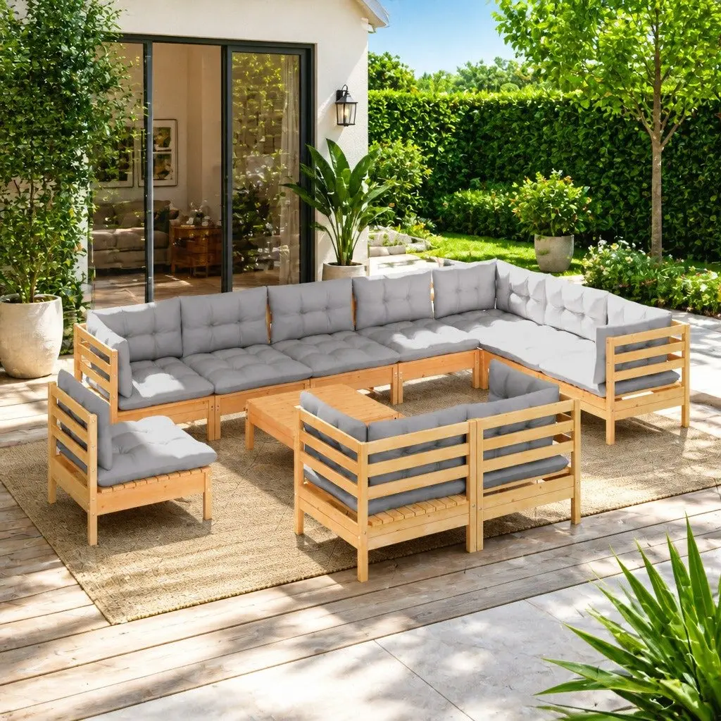 Solid Pinewood Garden Lounge Set with Grey Cushions