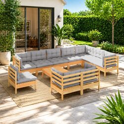 Solid Pinewood Garden Lounge Set with Grey Cushions