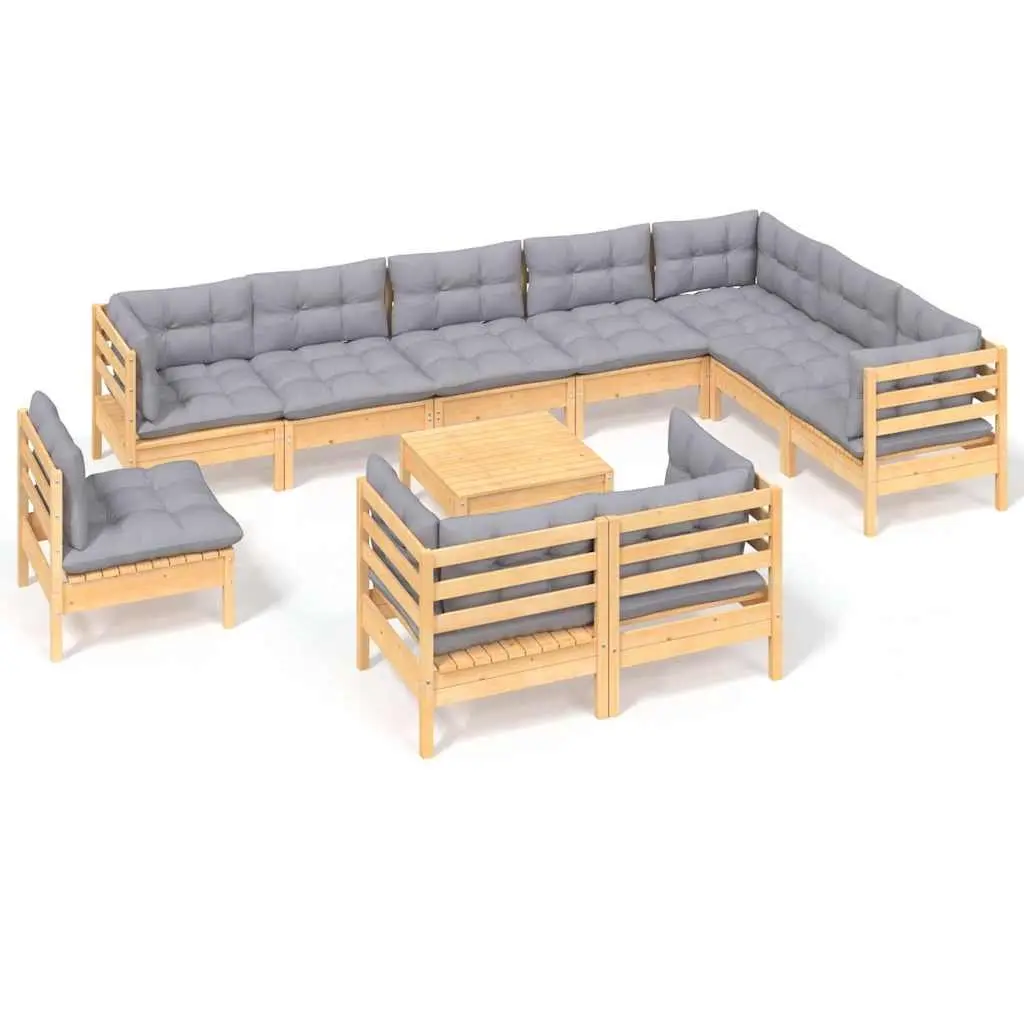 Solid Pinewood Garden Lounge Set with Grey Cushions