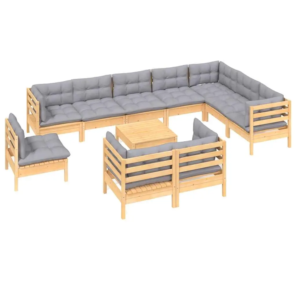 Solid Pinewood Garden Lounge Set with Grey Cushions