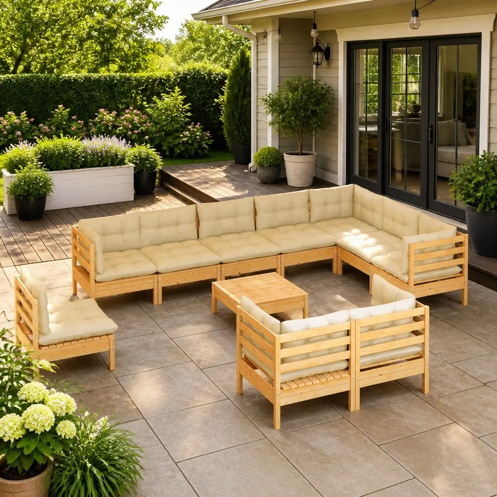 Solid Pinewood 11 Piece Garden Lounge Set with Cream Cushions