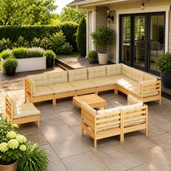 Solid Pinewood 11 Piece Garden Lounge Set with Cream Cushions