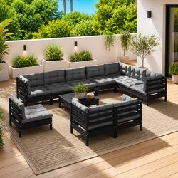 Sturdy 11-Piece Black Garden Lounge Set with Cushions