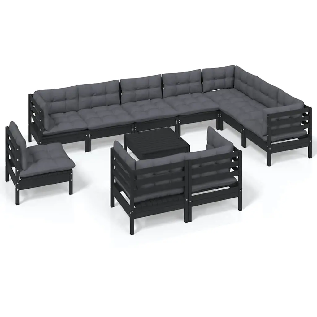 Garden Lounge Set Solid Pinewood 11 Piece Outdoor Patio Furniture Black with Cushions