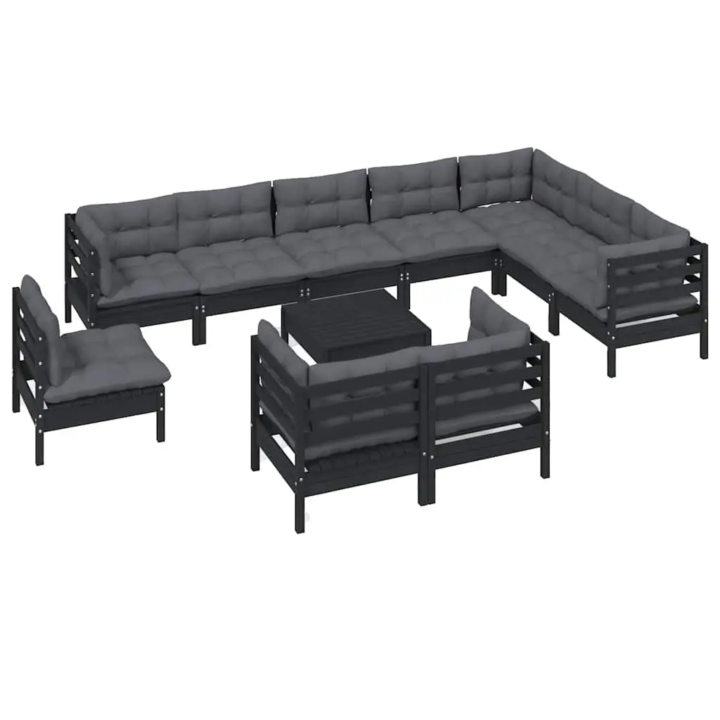Garden Lounge Set Solid Pinewood 11 Piece Outdoor Patio Furniture Black with Cushions