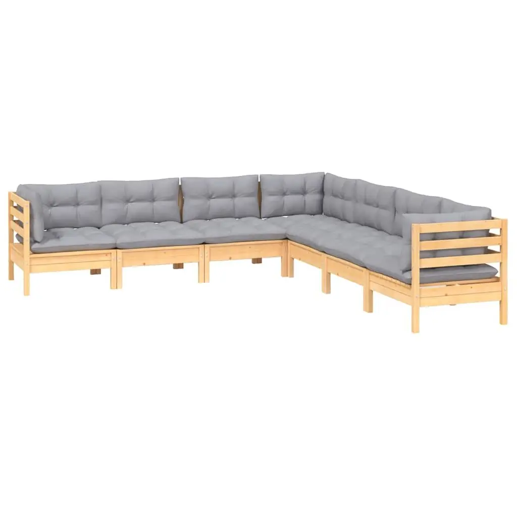 Garden Lounge Set Solid Pinewood 7 Piece Outdoor Patio Furniture Grey Cushions
