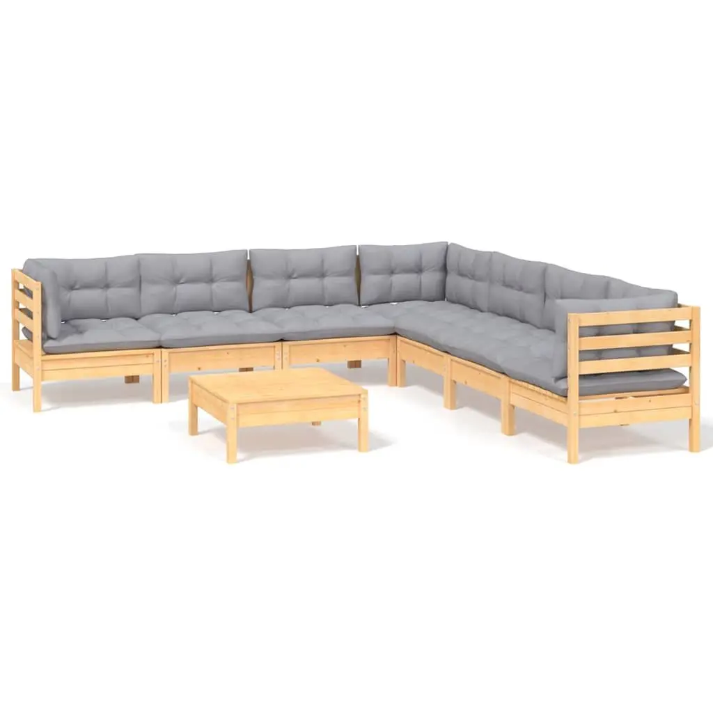 Garden Lounge Set Solid Pinewood 8 Piece Outdoor Furniture Grey Cushions