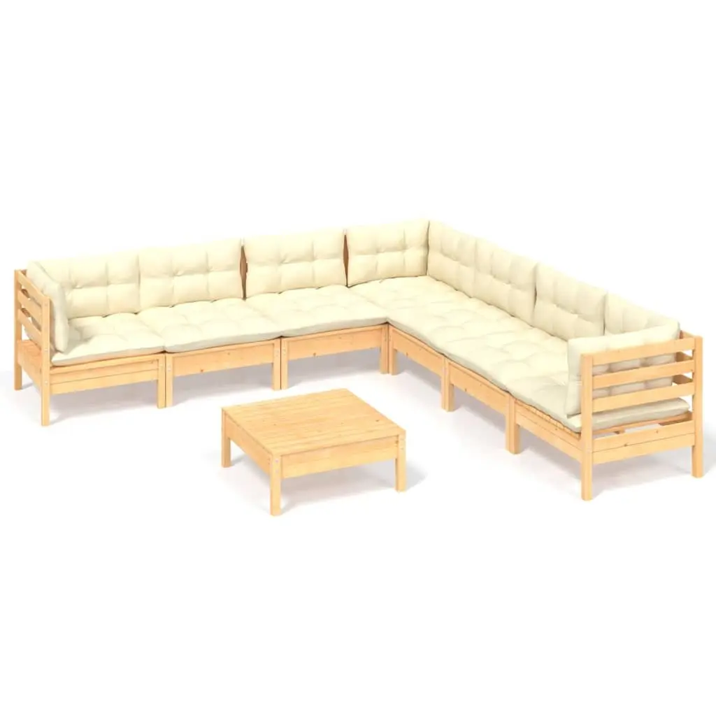 Garden Lounge Set Solid Pinewood 8 Piece Outdoor Furniture Cream Cushions