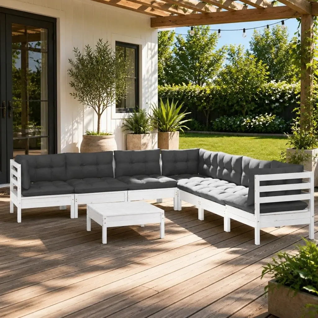 8 Piece Outdoor Patio Furniture Set in White Pinewood