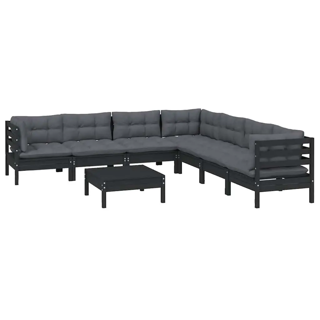 Garden Lounge Set Solid Pinewood 8 Piece Black Patio Furniture with Cushions