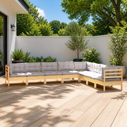 Durable 8 Piece Solid Pinewood Garden Lounge Set with Grey Cushions