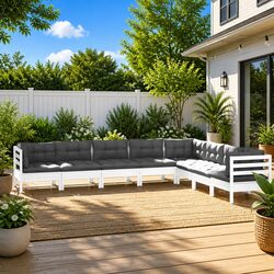 8-Piece White Pinewood Garden Lounge Set with Cushions