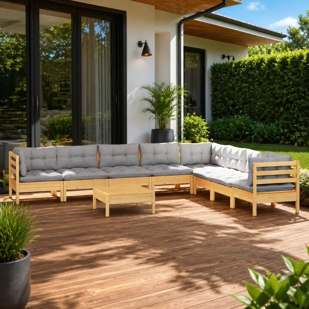 9-Piece Modular Garden Lounge Set with Grey Cushions