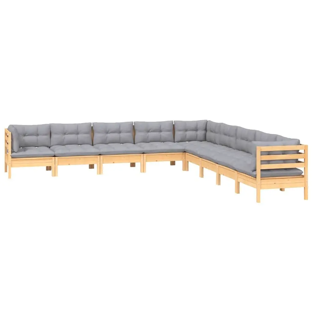 Garden Lounge Set Solid Pinewood 9 Piece Modular Outdoor Patio Furniture Grey Cushions