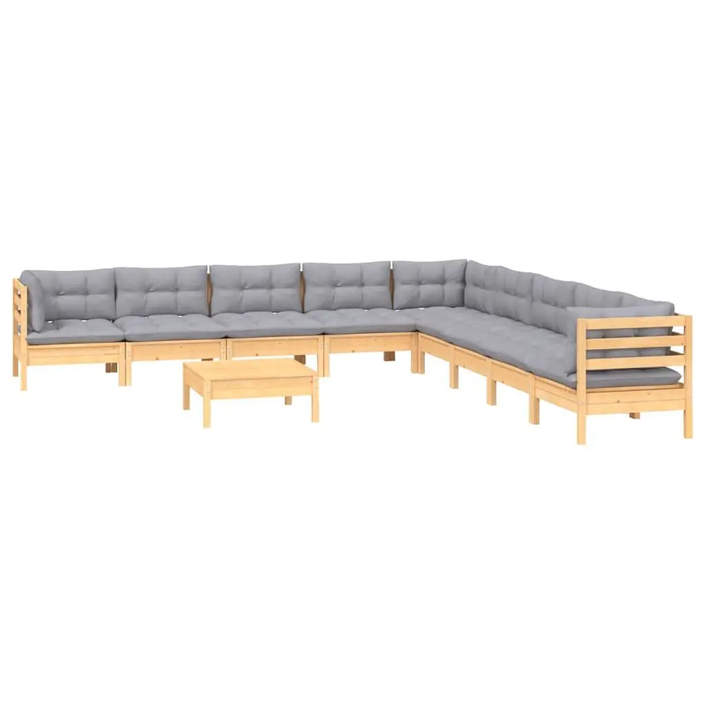 Garden Lounge Set Solid Pinewood 10 Piece Modular Grey Cushions