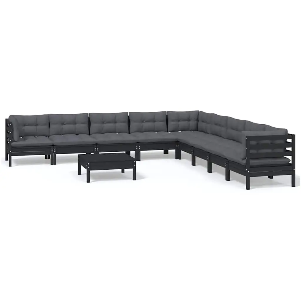 Garden Lounge Set Solid Pinewood 10 Piece Outdoor Furniture Patio Black with Cushions Modular