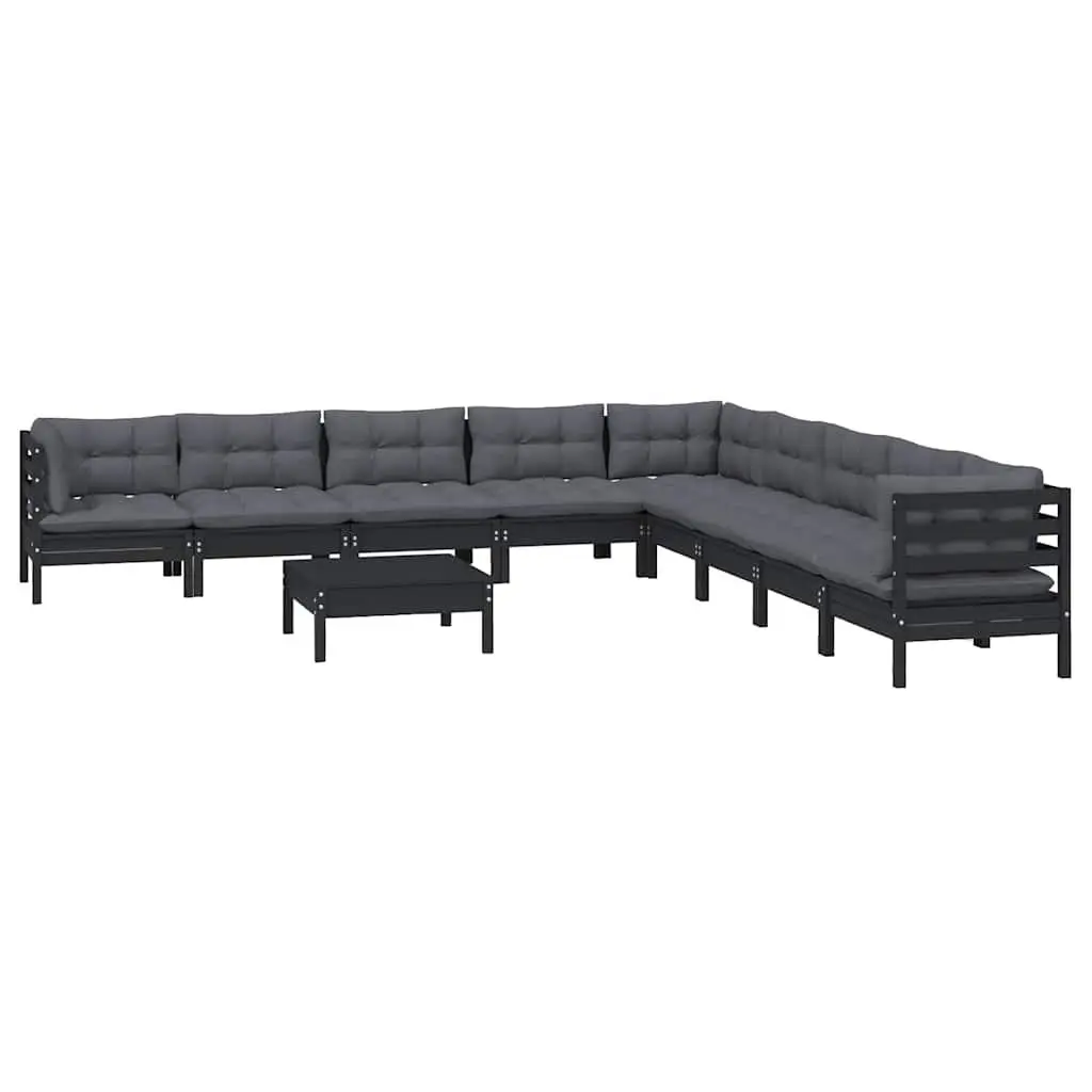 Garden Lounge Set Solid Pinewood 10 Piece Outdoor Furniture Patio Black with Cushions Modular
