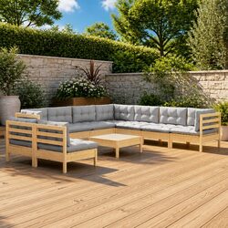 10-Piece Garden Lounge Set with Durable Pinewood and Grey Cushions