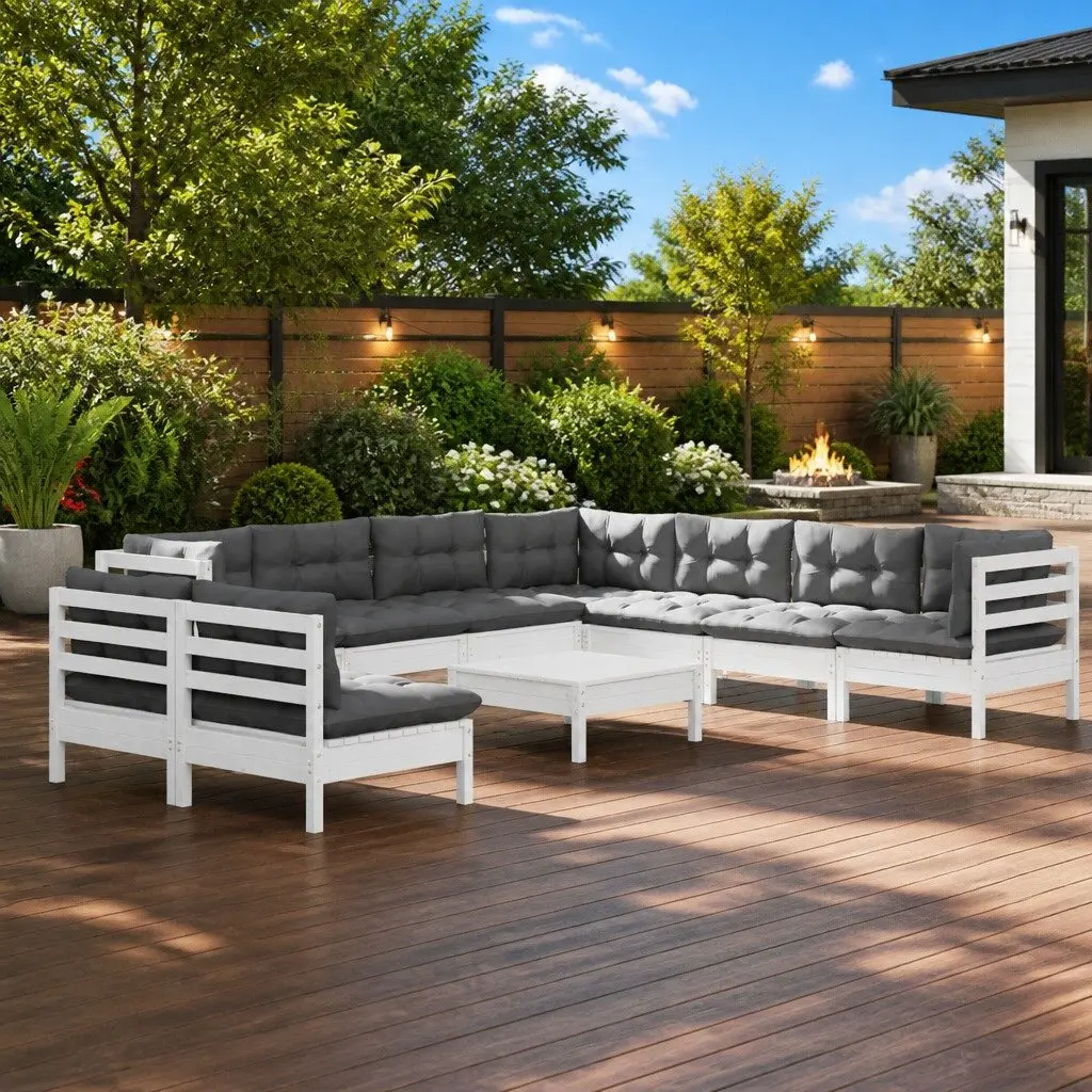 10 Piece White Garden Lounge Set with Cushions