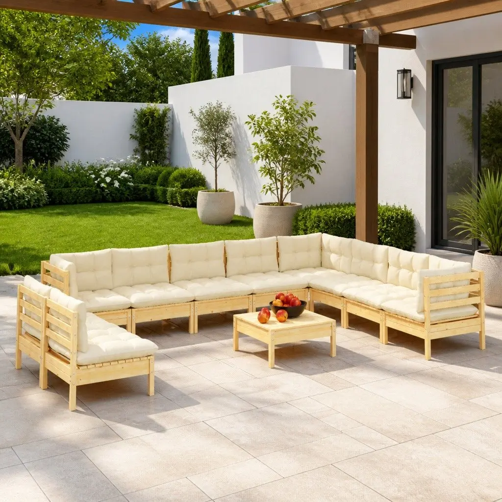 Garden Lounge Set Solid Pinewood 11 Piece Outdoor Furniture Patio Seating Cream Cushions
