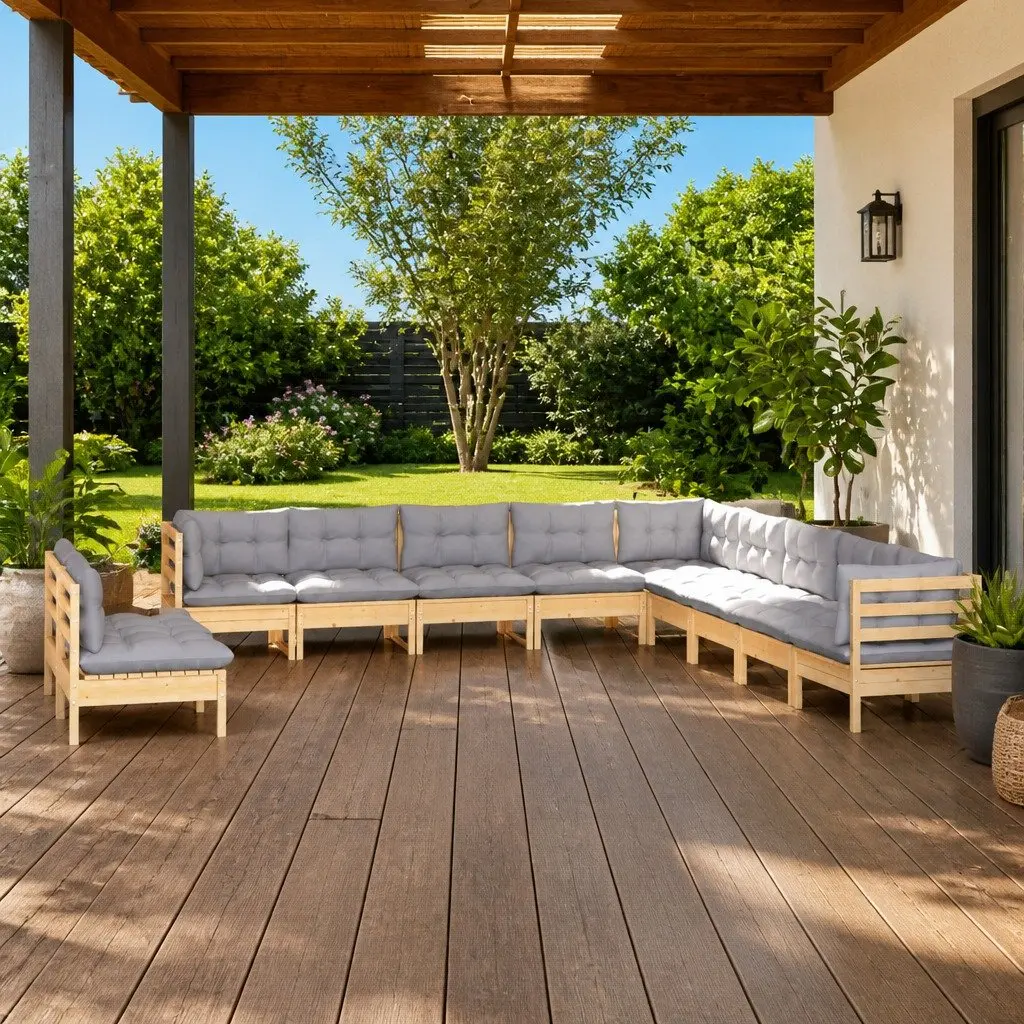 Garden Lounge Set Solid Pinewood 11 Piece Grey Cushions