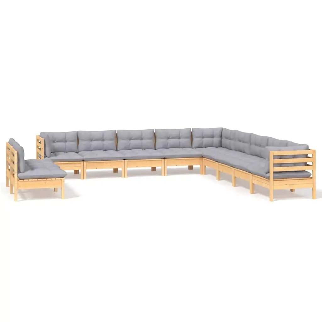 Garden Lounge Set Solid Pinewood 11 Piece Grey Cushions