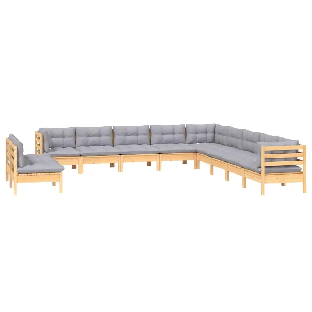 Garden Lounge Set Solid Pinewood 11 Piece Grey Cushions