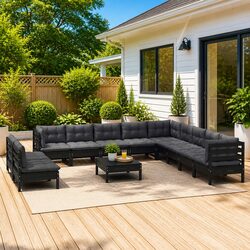 Premium 12-Piece Black Solid Wood Garden Lounge Set