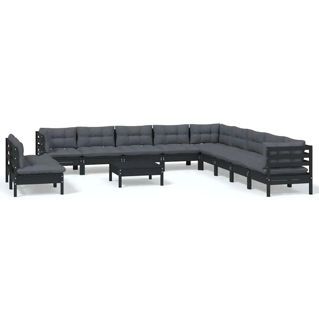 12-Piece Black Solid Wood Garden Lounge Set