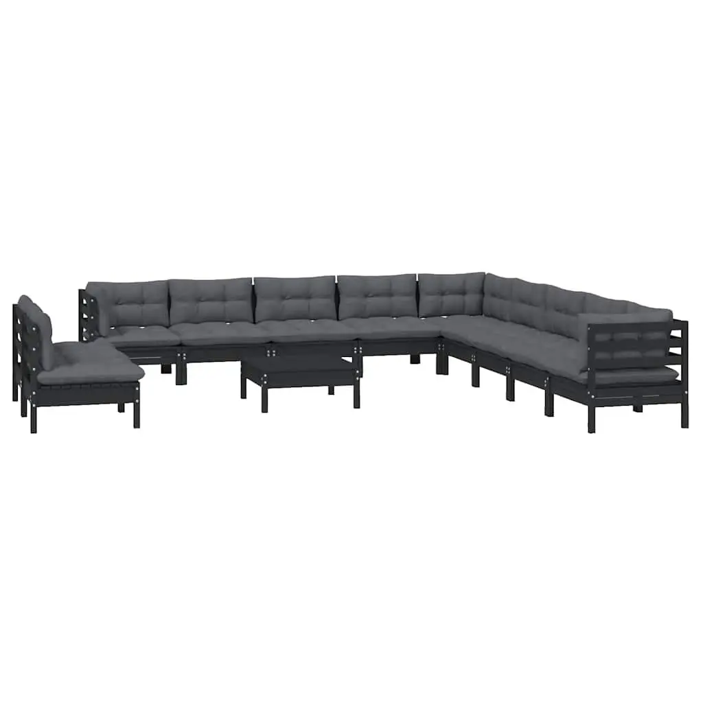 12-Piece Black Solid Wood Garden Lounge Set