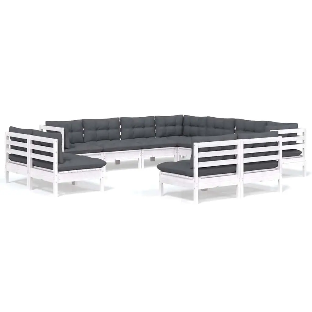 Garden Lounge Set Solid Pinewood 11 Piece Outdoor Patio Furniture White with Cushions Modular