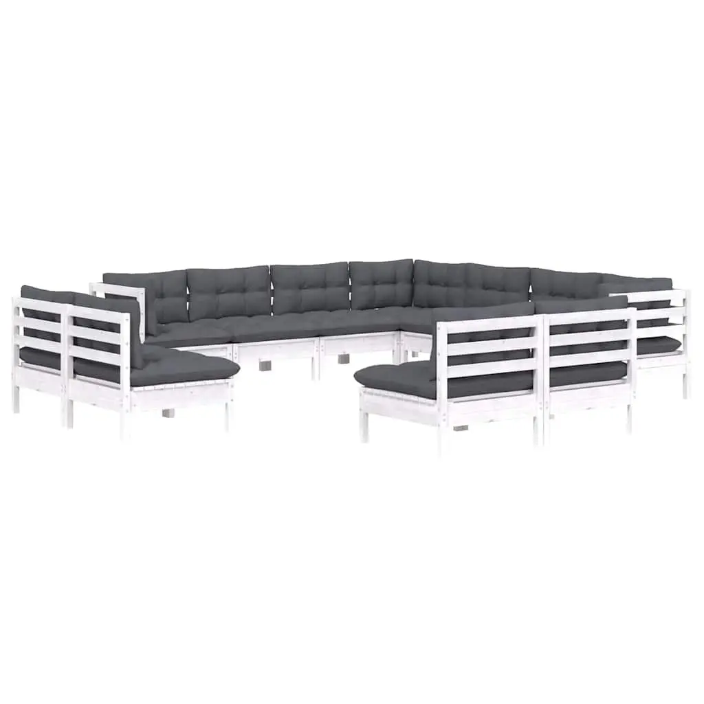 Garden Lounge Set Solid Pinewood 11 Piece Outdoor Patio Furniture White with Cushions Modular
