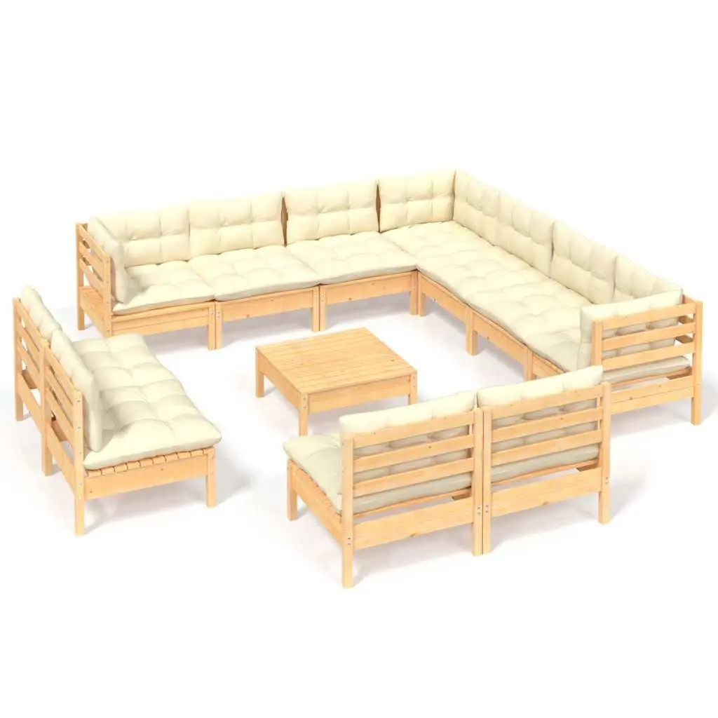Garden Lounge Set Solid Pinewood 12 Piece Modular Outdoor Patio Furniture Cream