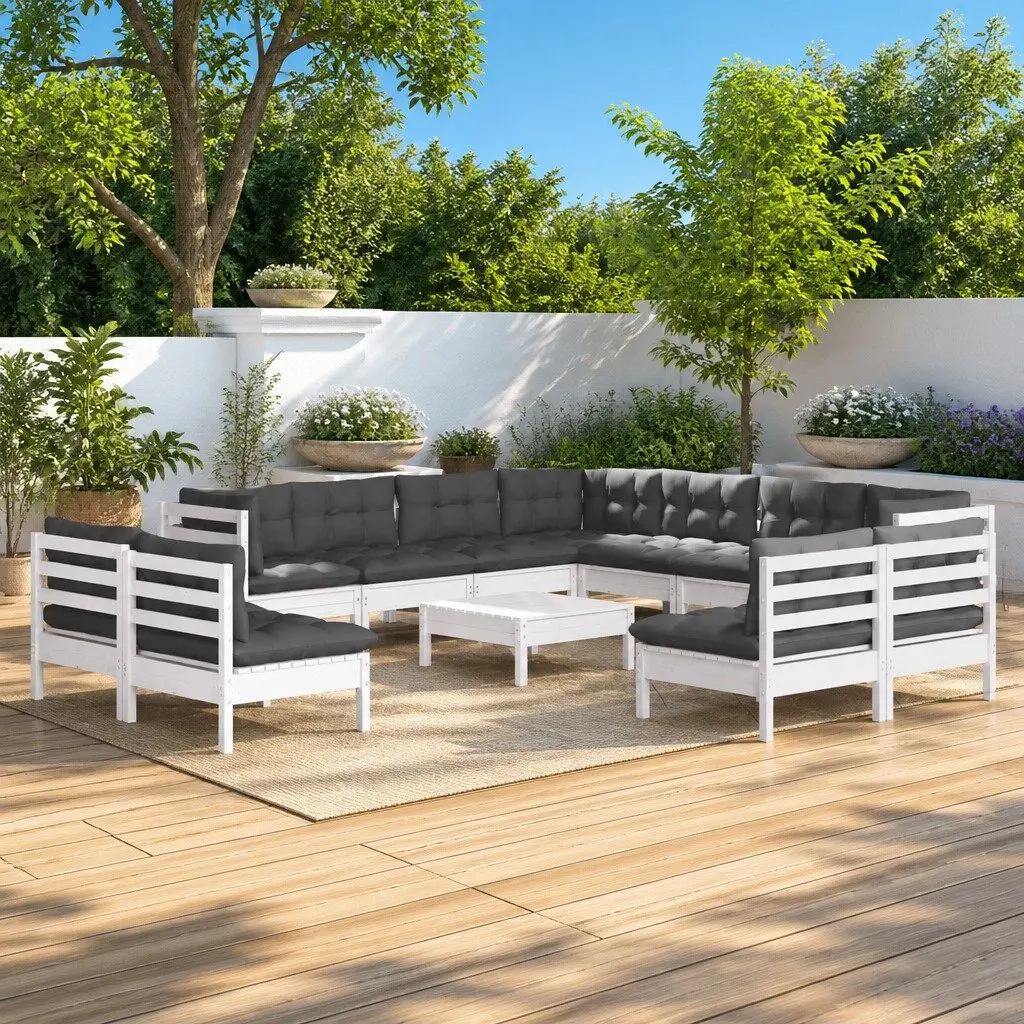 Garden Lounge Set Solid Pinewood 12 Piece Outdoor Furniture White Cushions