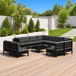 12-Piece Black Garden Lounge Set with Solid Pinewood