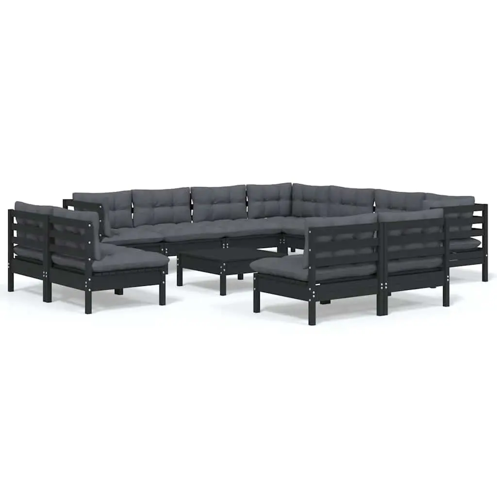 Garden Lounge Set Solid Pinewood 12 Piece Modular Outdoor Furniture Black