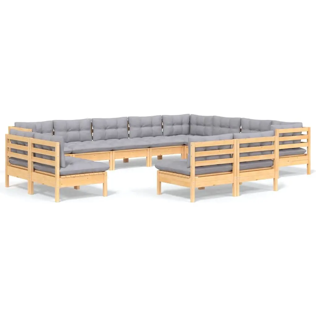Garden Lounge Set Solid Pinewood 12 Piece Outdoor Furniture Patio Sofa Grey Cushions