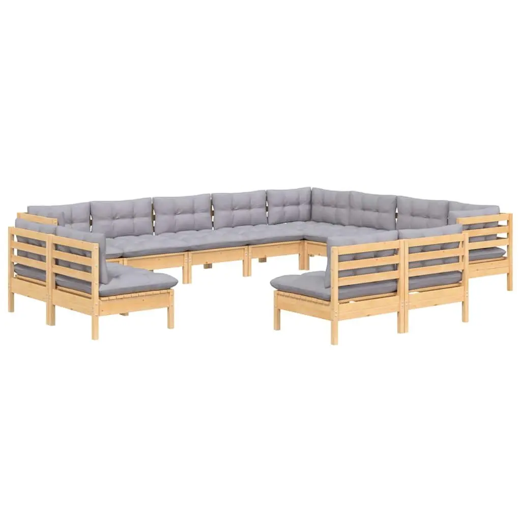 Garden Lounge Set Solid Pinewood 12 Piece Outdoor Furniture Patio Sofa Grey Cushions