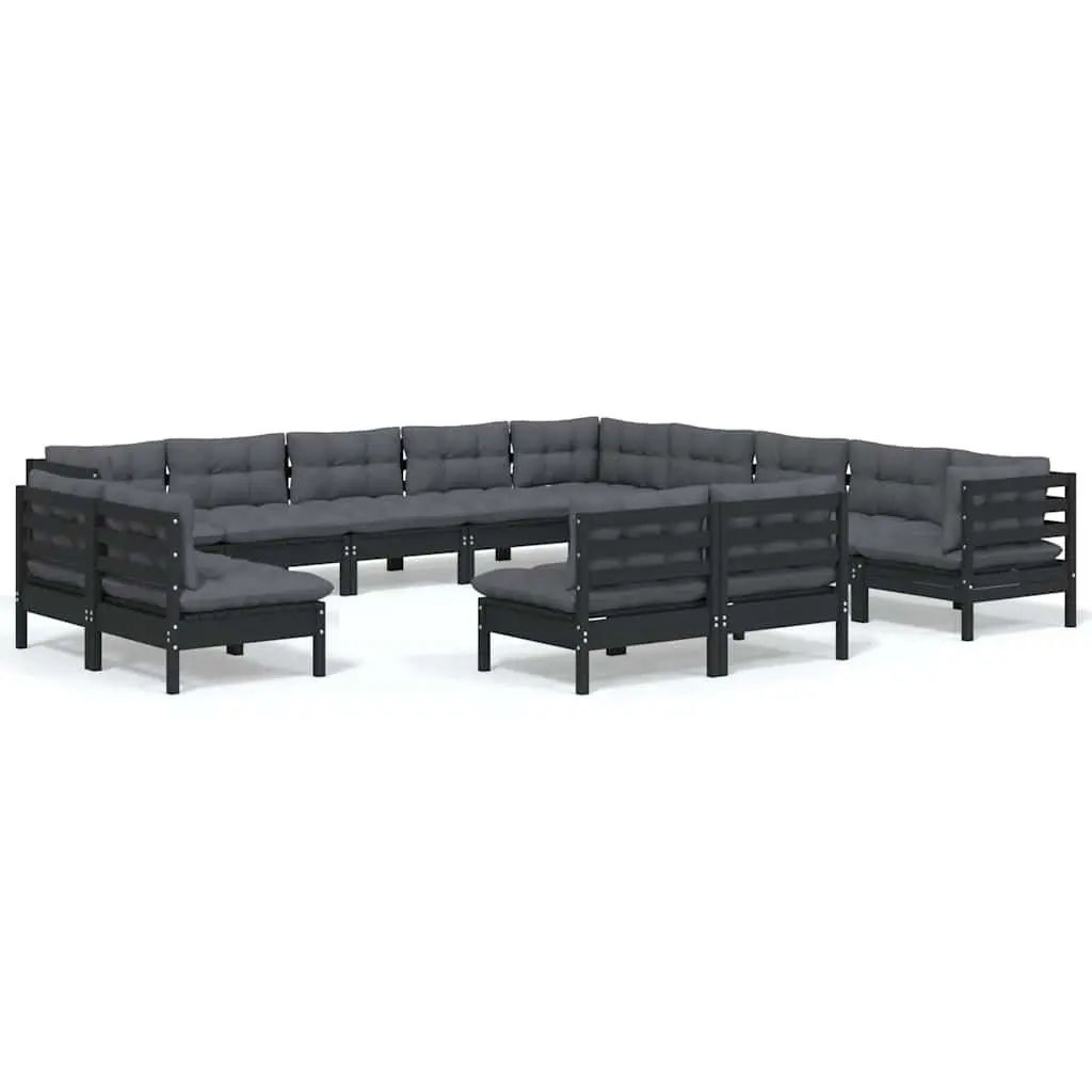 Garden Lounge Set Solid Pinewood 13 Piece Outdoor Patio Furniture Black with Cushions Modular