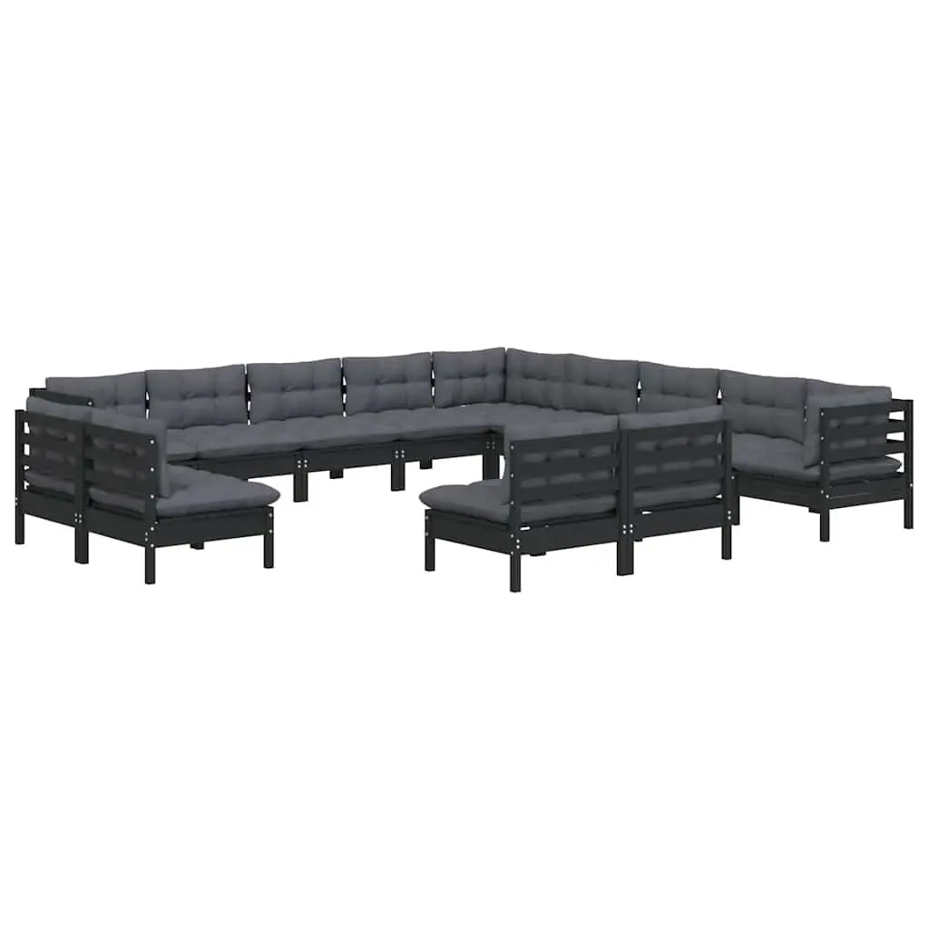 Garden Lounge Set Solid Pinewood 13 Piece Outdoor Patio Furniture Black with Cushions Modular