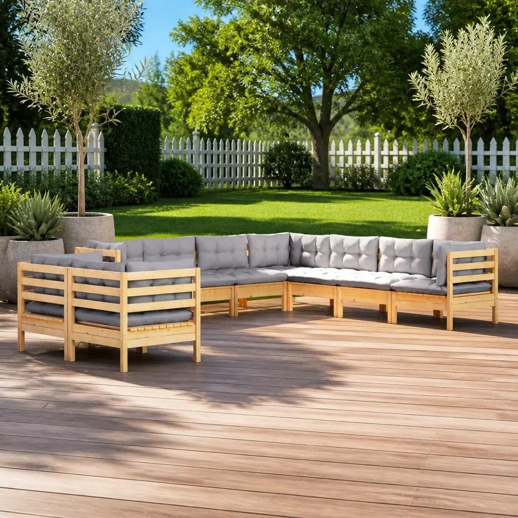 Garden Lounge Set Solid Pinewood 9 Piece Modular Outdoor Furniture Grey Cushions