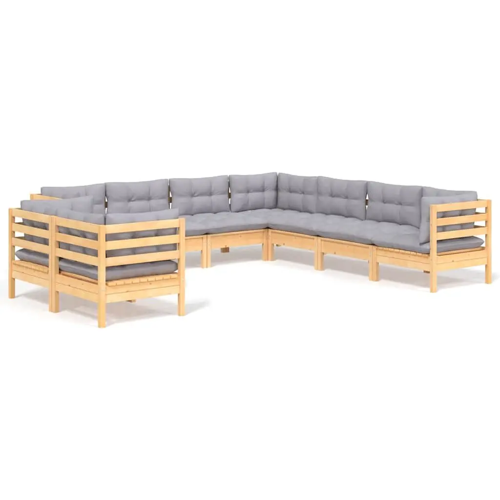 Garden Lounge Set Solid Pinewood 9 Piece Modular Outdoor Furniture Grey Cushions